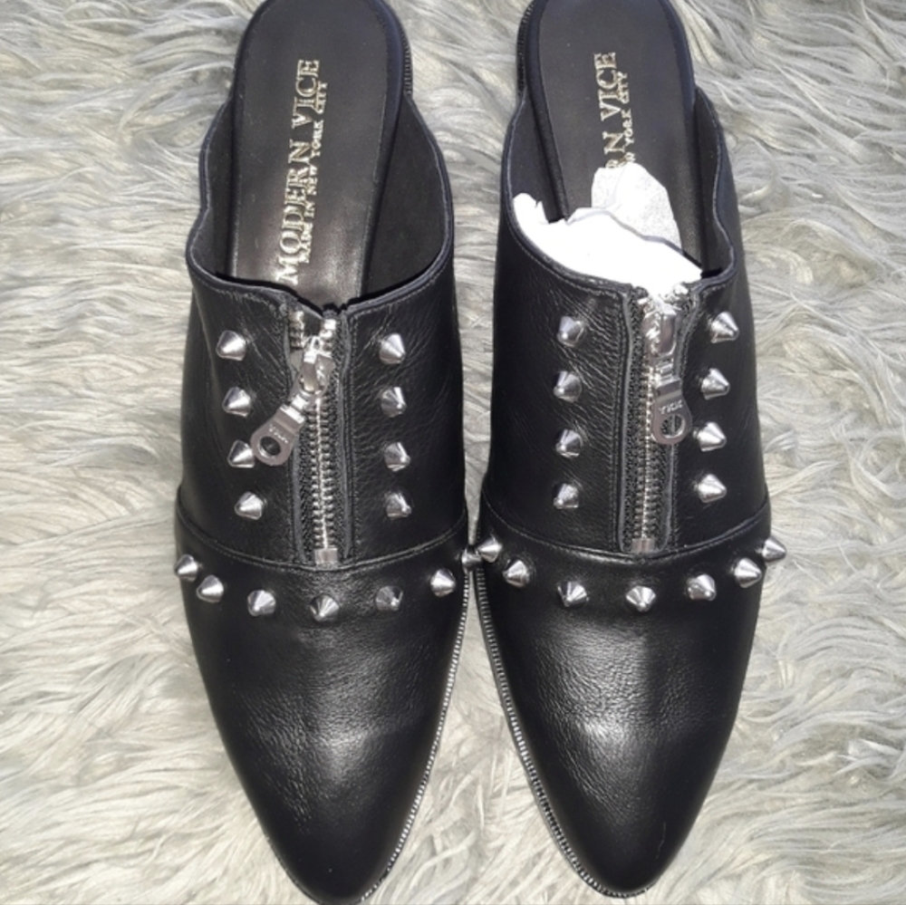 Modern Vice Vicious Black Italian Leather Studded Mules Goth Punk Industrial - Picture 10 of 11